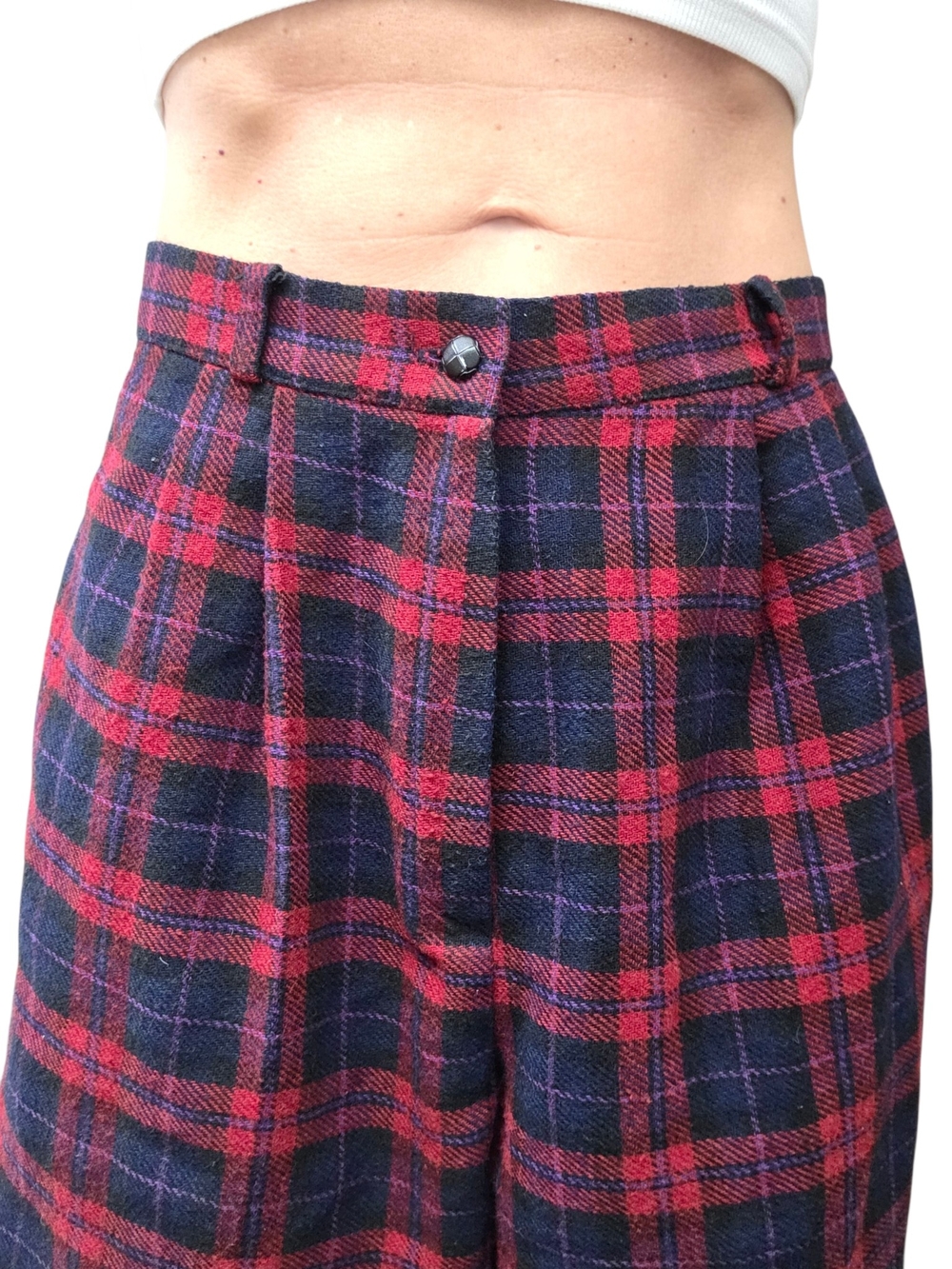 Vintage 80s Red Navy Plaid Wool Blend Pleated Bermuda Shorts 12 USA - Picture 5 of 7